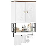 FUNHUKSON Farmhouse Medicine Cabinet - 3-Tier Wall Mounted Storage Organizer with Adjustable Shelves, Towel Bar, 5 Hooksfor Small Bathroom, Laundry Room, Over Toilet, Living Room, Bedroom (White)