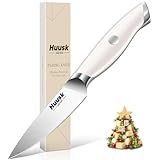 Huusk Paring Knife Ultra Sharp, 3.5" Small Kitchen Knife with Ergonomic Ivory White Handle Well-balanced Vegetable Fruit Knives for Peeling Coring Cutting Present Gift to Men Women