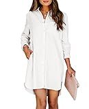 Aoudery Womens Button Down Shirt Dresses with Pockets Cotton Button Up Tunics Long Sleeve Solid High Low Blouse Tops-White-2XL