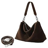 Genuine Leather Suede Tote Bags for Women, Suede Purse Handbag Vintage Slouchy Hobo Shoulder Crossbody Bag (Dark Brown-New)