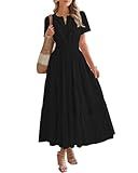 BTFBM Womens Summer 2026 Casual Midi Maxi Dresses Lightweight Short Sleeve V Neck Elastic Waist Boho Beach Dress Pockets(Black, Large)