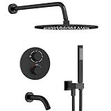 Gabrylly Thermostatic Shower System with Tub Spout, All Metal Bathtub Shower Faucets Set with Anti Scald Shower Valve, High Pressure 10" Rain Shower head with Handheld Spray Combo, Matte Black