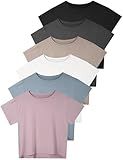 Dalavch 6 Pack Women's Crop Top Short Sleeve Athletic Workout Yoga Running Gym Casual Tees T-Shirts Loose Fit 1 Black 1 White 1 Heather Grey 1 Pink 1 Khaki 1 Blue Medium