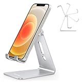 Adjustable Cell Phone Stand, OMOTON Aluminum Desktop Cellphone Stand with Anti-Slip Base and Convenient Charging Port, Fits All Smart Phones, Silver