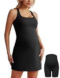 Maacie Maternity Tennis Dress with Shorts & Built in Bra Scoop Neck Sleeveless A-line Workout Golf Dress with Pocket Black M