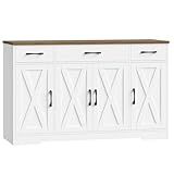 HOSTACK Buffet Cabinet with Drawers, 55" Large Sideboard Buffet Storage Cabinet with Shelves and Doors, Modern Farmhouse Coffee Bar Station Wood Kitchen Table for Kitchen, Dining Room, White/Rustic