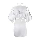 EPLAZA Women's One Size Silver Rhinestones Bride Bridesmaid Short Satin Robes for Wedding Party Getting Ready (White, Bride)