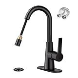 Phiestina Bathroom Sink Faucet with Pull Down Sprayer, Matte Black Single Handle Pull Out Faucet with Pop-Up Drain, 1 or 3 Hole Laundry Bar Basin Faucet Pull Out with Deck Plate WE10CL-ZY-MB