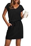 OFEEFAN Summer Dresses for Women V Neck Short Sleeve T Shirt Casual Mini Dresses Tie Waist with Pockets M Black
