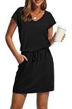 OFEEFAN Beach Vacation Clothes for Women Fashion Summer Dresses for Women 2025 Loose V Neck Casual Dress Sundresses Cover Up with Pockets Black L