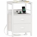 Furologee End Table with Charging Station, Nightstand with Fabric Drawers, Side Tables with USB Ports & Outlets, Night Stand with Storage Shelf & Hooks, for Living Room/Bedroom, White