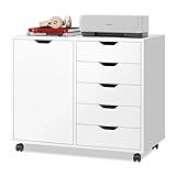 DEVAISE 5-Drawer Wood Dresser Chest with Door, Mobile Storage Cabinet, Printer Stand for Home Office