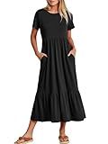 ANRABESS Womens 2025 Summer Casual Maxi Dress A line Tiered Flowy Short Sleeve Crewneck T Shirt Beach Travel Long Dresses Black Large