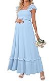 OUGES Womens 2026 Summer Maternity Baby Shower Dress Casual Boho Maxi Smocked Maternity Photoshoot Dresses Ruffle Sleeve Square Neck Gender Reveal Dress Pregnancy Must Have Clothes (Sky Blue,L)