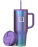 IRON °FLASK Co-Pilot Insulated Mug w/Straw & Flip Cap Lids - Cup Holder Bottle for Hot, Cold Drink - Leak-Proof - Water, Coffee Portable Travel Mug - Aurora, 40 Oz