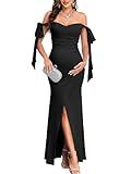 CYCLAMEN Maternity Dress Off Shoulder Ruched Ribbed Knit Gown with Adjustable Bow Tie Straps & Slit for Baby Shower, Black, L