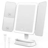 Makeup Mirror with Lights, 1X/3X/5X Magnification Vanity Mirror, 3 Colors Dimmable Soft Light 360° Rotation Smart Touch | Rechargeable Portable Trifold Mirror for Travel/Dorm/Room, Gift for Women