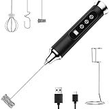 YUSWKO Black Milk Frother Wand for Coffee with Stand, Handheld Coffee Frother, Rechargeable Drink Mixer, Waterproof Electric Whisk