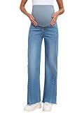 BLENCOT Maternity Jeans for Women Over Belly Straight Leg Adjustable Waisted Stretchy Denim Fall Work Cotton Ripped Trendy Pregnancy Boyfriend Jean with Pockets Large Dark Blue