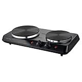 OVENTE Electric Countertop Double Burner, 1700W Cooktop with 7.25" and 6.10" Cast Iron Hot Plates, Temperature Control, Portable Cooking Stove and Easy to Clean Stainless Steel Base, Black BGS102B