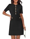MEROKEETY Women's Knit Bodycon Sweater Dress Button Short Sleeve Crew Neck Elegant Formal Mini Dress, Black, Large