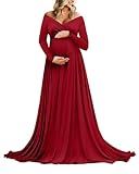 Saslax Maternity Off Shoulders Long Sleeve Half Circle Gown for Baby Shower Photo Props Dress Burgundy 162 Small