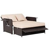Tangkula Patio Rattan Daybed, Patiojoy Wicker Loveseat Sofa w/Multipurpose Ottoman & Retractable Side Tray, 4-Level Adjustable Backrest, Footstool w/Storage, Seat & Back Cushion Included (Beige)