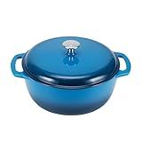 Amazon Basics Enameled Cast Iron Dutch Oven Pot with Lid, Round, Dual Handles, Heavy-Duty, Oven Safe for Baking, Roasting, Stews, 6-Quart, Blue