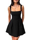 YMDUCH Women's Sexy Sleeveless Square Neck Adjustable Straps Bow Tie A-line Mini Party Club Dress Black Small