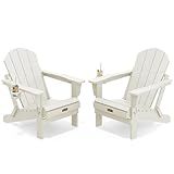 SERWALL Folding Adirondack Chair Set of 2, All Weather Patio Chair with Wood Texture, Fire Pit Chairs for Outdoor - White