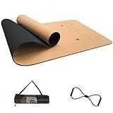 Cork Yoga Mat 6mm (1/4 inch) Thick 72x24 in, Sweatproof NonSlip Eco-friendly, Lightweight TPE foam with Alignment Lines, Great for Hot Yoga, Gym and Exercise, Black Carrying Bag w. Strap Included