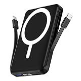 podoru for Magsafe Battery Pack, 10000mAh Magnetic Power Bank Built-in Double USB C Cables 20W PD Fast Charging LED Display Wireless Portable Charger for iPhone 17/16/15/14/13/12 Series-Black