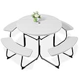 Best Choice Products 8-Person Outdoor Bench Patio Picnic Table, Circular w/ 4 Built-in Benches and Umbrella Hole, 2000lb Capacity - White