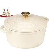 Overmont Enameled Cast Iron Dutch Oven - 5.5QT Pot with Lid Cookbook & Cotton Potholders - Heavy-Duty Cookware for Braising, Stews, Roasting, Bread Baking white