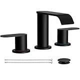 Homevacious Matte Black Waterfall Bathroom Faucet for Sink 3 Hole 8 Inch Widespread Bathroom Sink Faucets with Pop-up Drain Supply Lines Stainless Steel 2-Handle Bathroom Sink Faucet for Bath Vanity