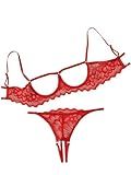 Lilosy Women's Sexy Underwire Floral Lace Sheer Bachelorette Lingerie Set See Through Bra and Panty 2 Piece Red Small