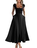 YMDUCH Women's Casual Short Sleeve Square Neck Solid Slim Flowy Maxi Dress with Pockets Black