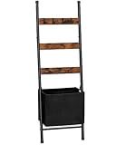 HOOBRO Blanket Ladder with Basket, 17.3”L x 63.4”H, Towel Rack with Hooks, Blanket Holder Rack, Decorative Ladder Shelf, Drying and Display Rack for Bathroom, Living Room, Rustic Brown BF31CJ01