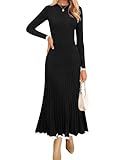 ZESICA Women's Long Sleeve Sweater Dress Fall 2025 Crewneck Ribbed Knit Pleated A-Line Maxi Wedding Guest Dresses,Black,Small