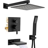 Shower System with Tub Spout, All Metal Black Bathtub Shower Faucet Set with High Pressure 10 Inch Rain Shower Head and Handheld Shower Head Set, Matte Black (Valve Include)