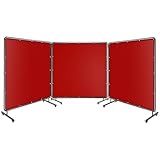 GAOMON 3 Panel 6x6 FT Welding Screen with Frame, Flame-Resistant Transparent PVC Curtain, Locking Swivel Wheels for Workshop Safety (Red)