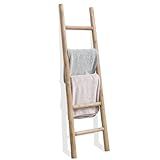 FUIN 57in Wood Blanket Ladder Living Room Decorative Wall Leaning Farmhouse Quilt Display Holder Rustic Wooden Towel Rack for Bathroom, Brown