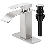 LUFG Bathroom Faucets Brushed Nickel Waterfall Bathroom Sink Faucet Modern Single Handle Bathroom Faucet for 1 or 3 Hole Mxier Tap Washbasin Faucet with Deck, Pop-up Drain and Supply Hoses