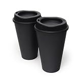 USA Made Reusable To Go Coffee Cups with Lids 16 oz, 2 Pack, Black