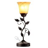 Touch Control Table Lamp with 2 USB Charging Ports, 3-Way Dimmable Bedside Nightstand Lamps, Amber Glass Shade Vintage Rural Leaf Lamp for Living Room, Bedroom, Dresser, LED Bulb Included (Bronze)