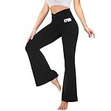 YOLIX Flare Leggings for Women with Pockets - Crossover High Waisted Black Flared Leggings for Yoga Gym Workout