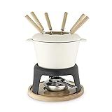 Twine Cast Iron Fondue Set with Metal Stand and Forks, Chocolate Melting Pot, Cheese Fondue Kit Set, Hosting Essentials 8.5", Off-Cream