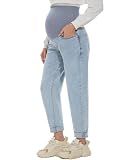 POSHGLAM Women's Maternity Boyfriend Jeans Over Belly Stretch Comfy Loose Casual Denim Pants with Pockets(Light Blue, Large)