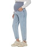 POSHGLAM Women's Maternity Boyfriend Jeans Over Belly Stretch Comfy Loose Casual Denim Pants with Pockets for Everyday Wear(Light Blue, Large)