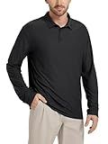 ODODOS Men's Performance Long Sleeve Polo- Stratum Tech Golf T-Shirts Ultra Soft Moisture Wicking UPF 50+ Casual Tops, Black Heather, Large